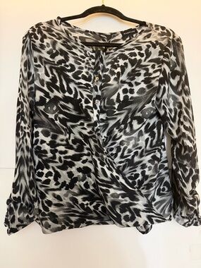 Rampage Black & White Animal-Print Faux Wrap Blouse